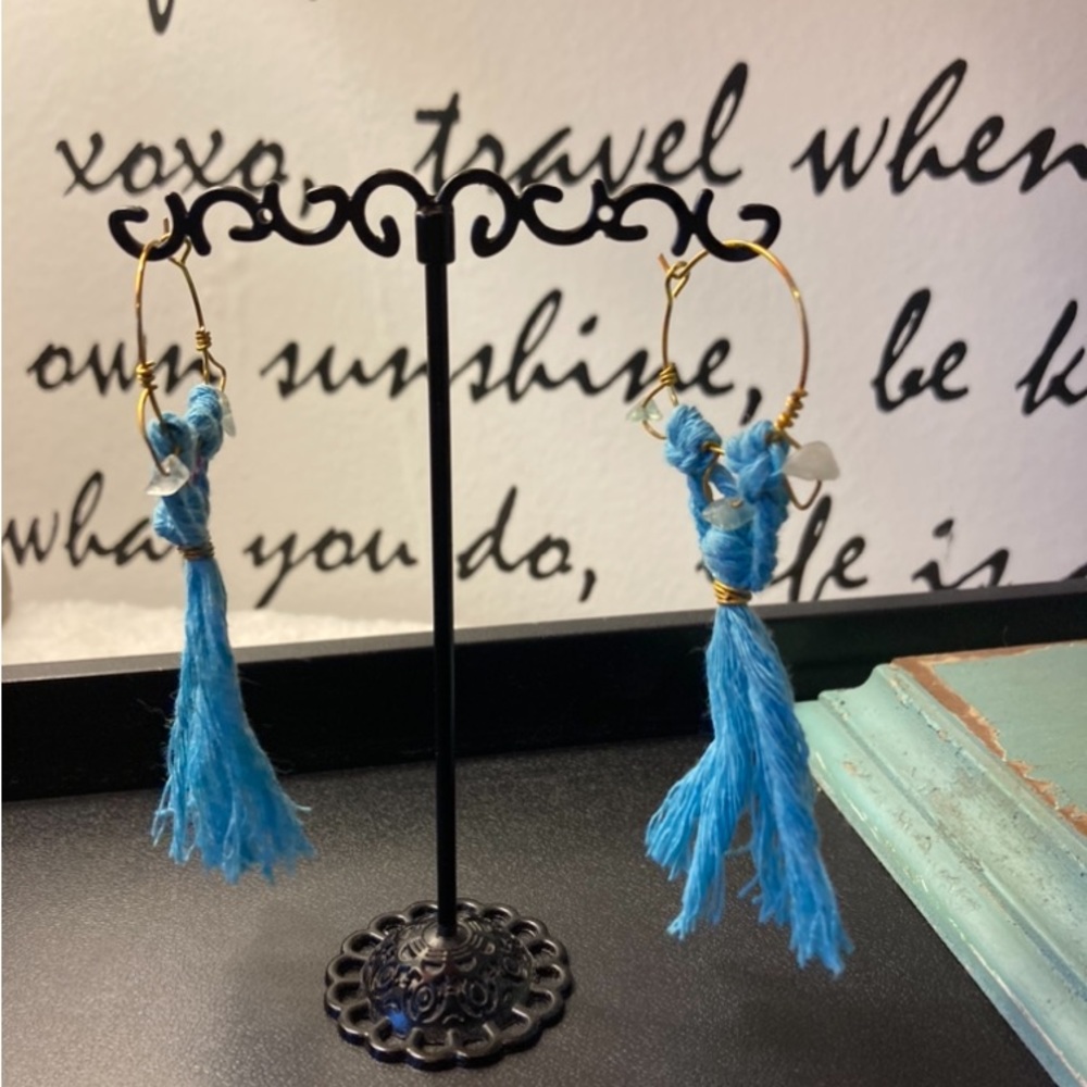 Handcrafted Blue Stones with Blue Fabric Earrings